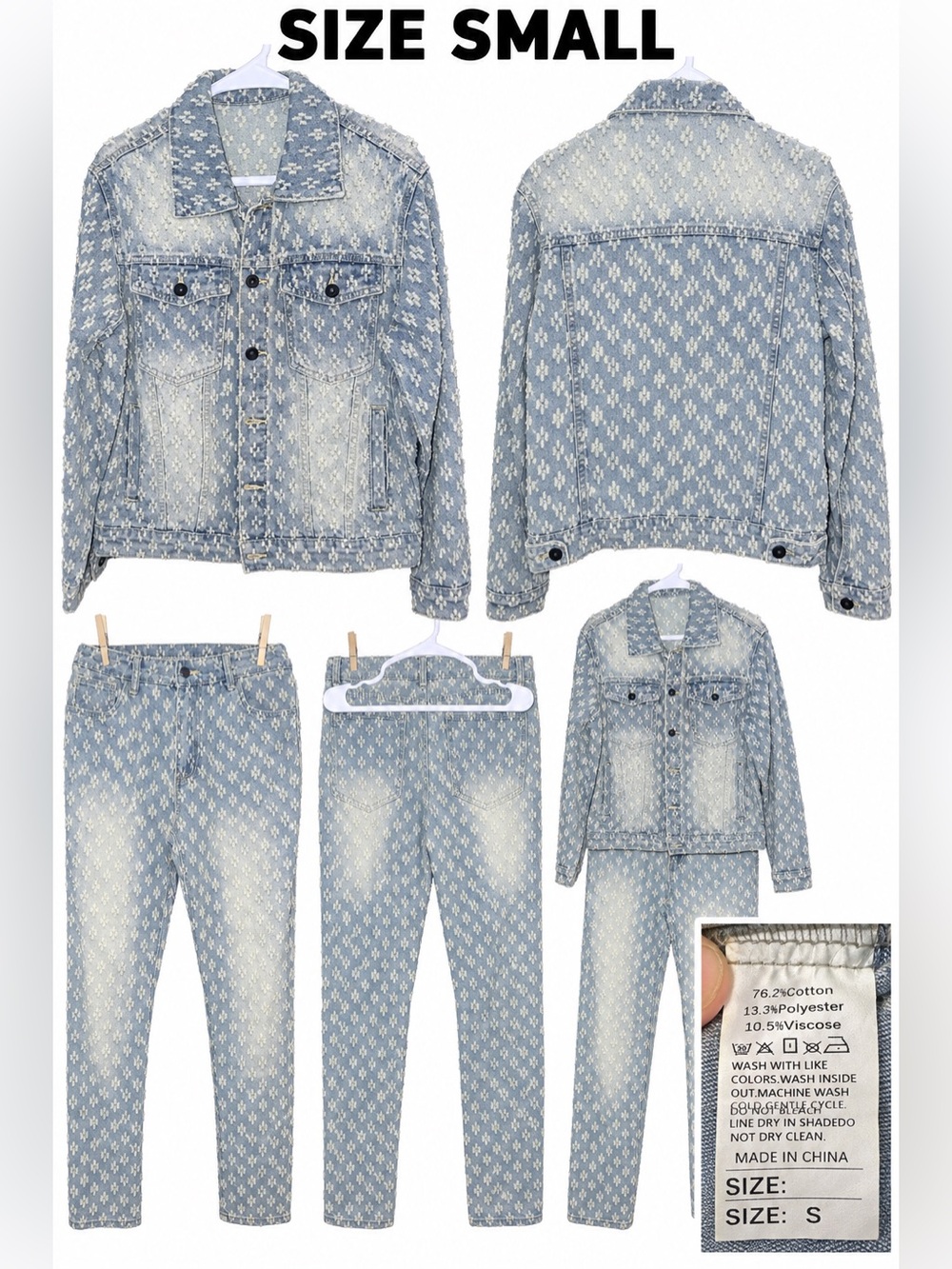 Light Blue Printed Denim Jacket & Jeans Set - Womens